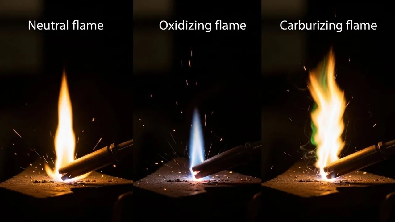 Explain the different types of gas welding flames & their application